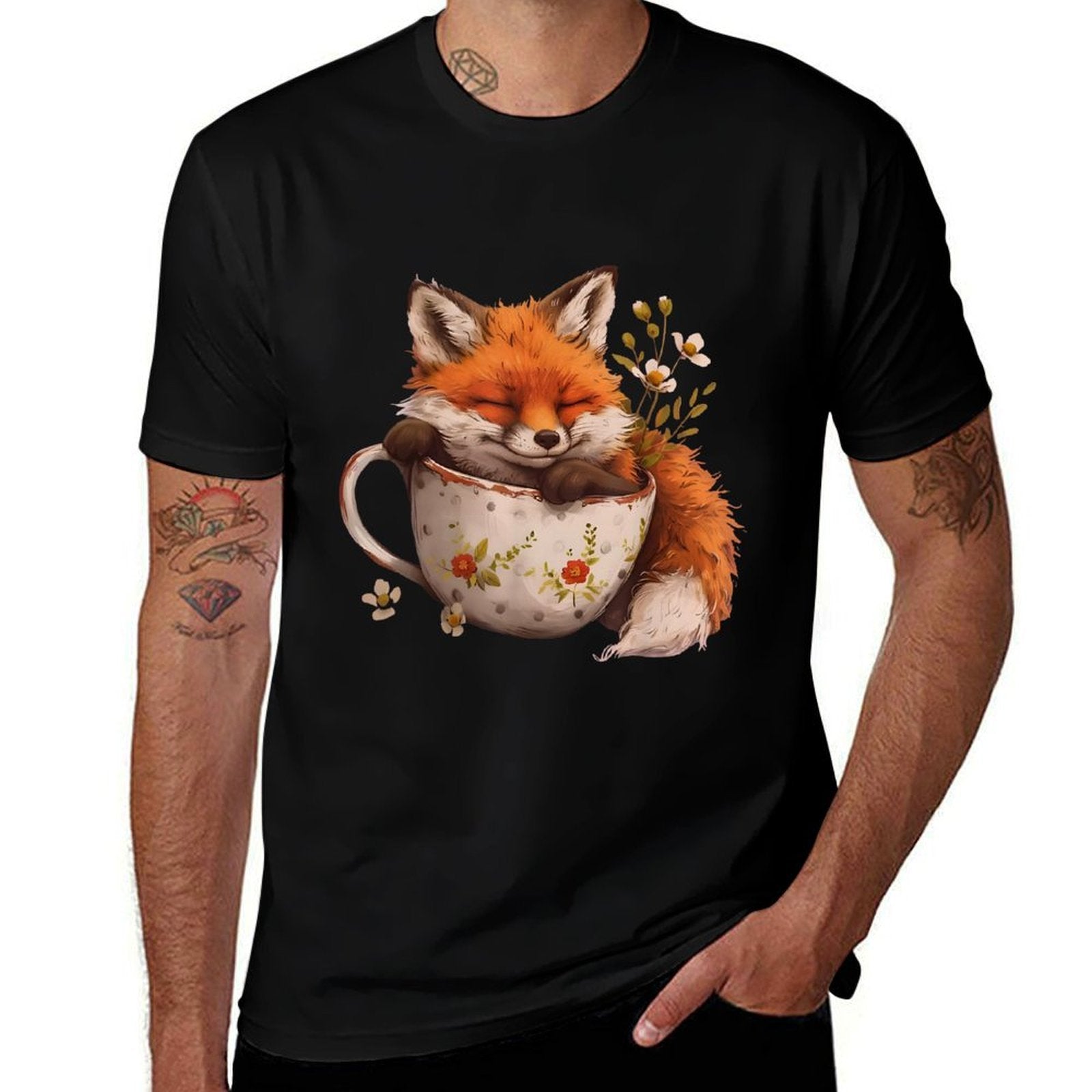 Cottagecore Floral Cute Fox Tea Cup Aesthetic Art Women Girl  Ribbed Collar T-Shirt