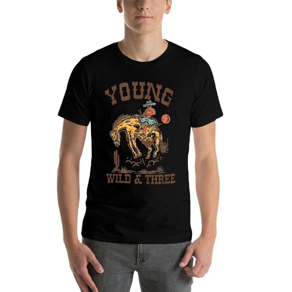 Kids Young Wild & Three Cowboy Western Rodeo 3rd Birthday Boy  Fade-proof Color T-Shirt