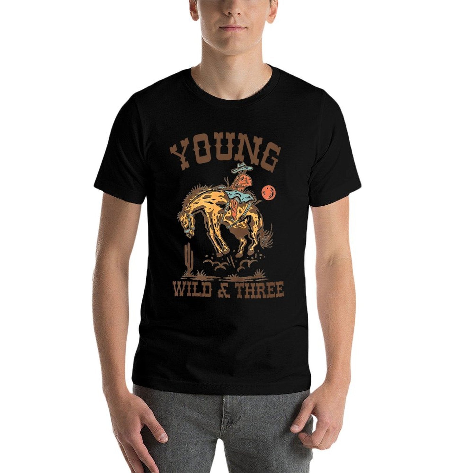 Kids Young Wild & Three Cowboy Western Rodeo 3rd Birthday Boy  Fade-proof Color T-Shirt