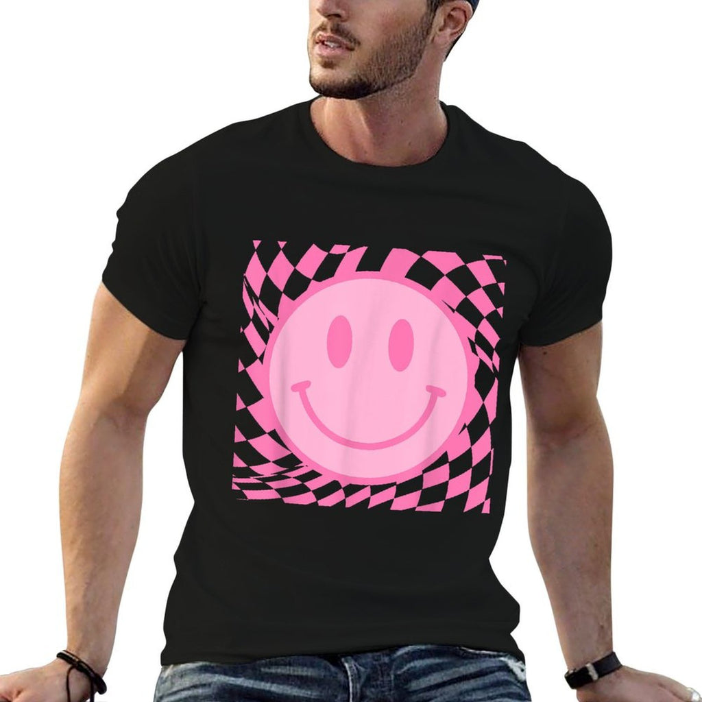 Retro Happy Smile Face Smiling Checkered Pattern Pink Trendy  Polyester Blend T-Shirt
