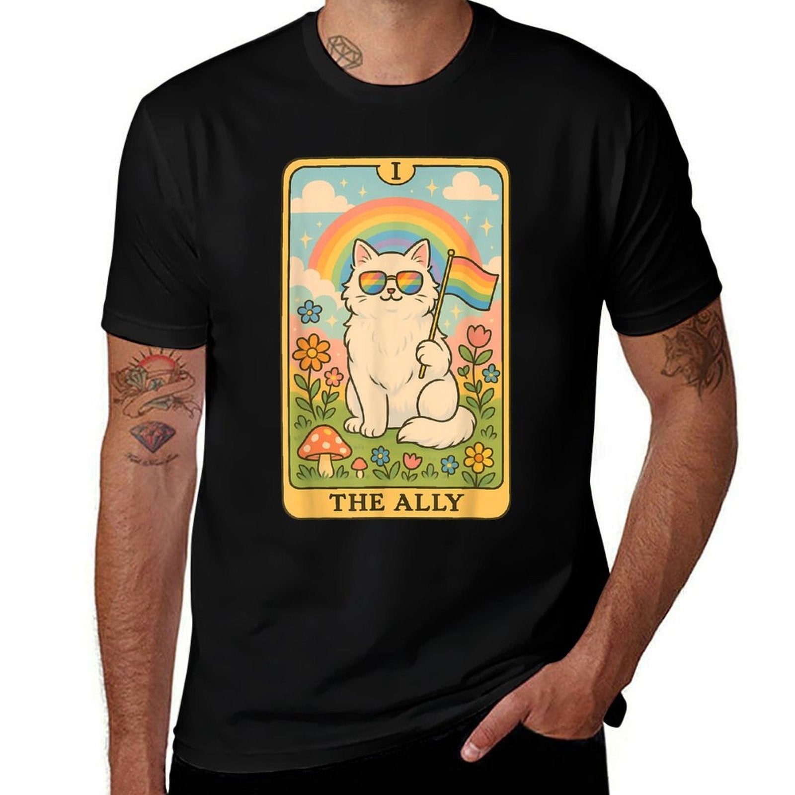 Funny Ally Cat Tarot Card Pride Sunglasses Gay Pride LGBTQ  Summer-ready Fabric T-Shirt