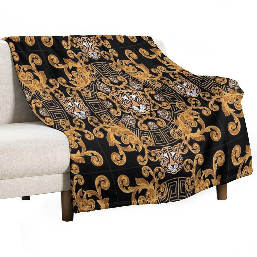 Royal Tiger Face Gold And Black Lightweight Throw Blanket