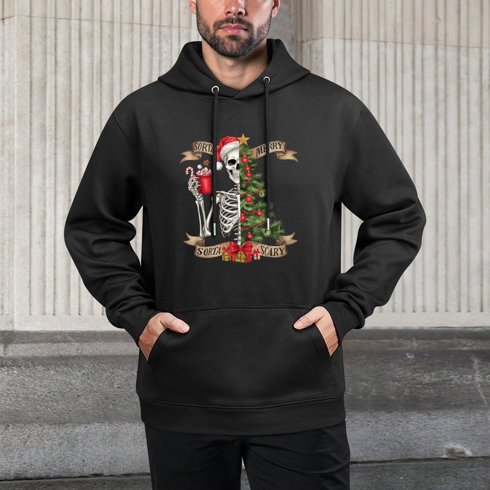Funny Christmas Skeleton Sorta Merry Sorta Scary Tree Xmas Unisex Design Hoodie