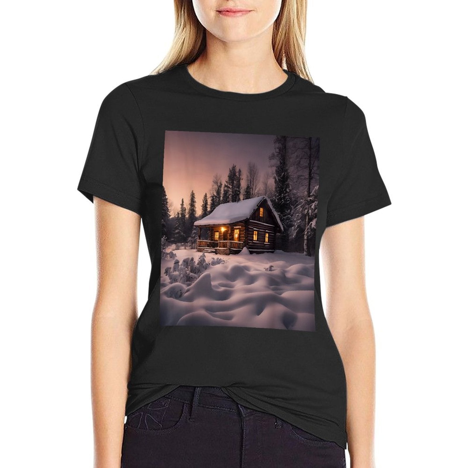 Log Cabin Snow Twilight  Ribbed Collar T-Shirt