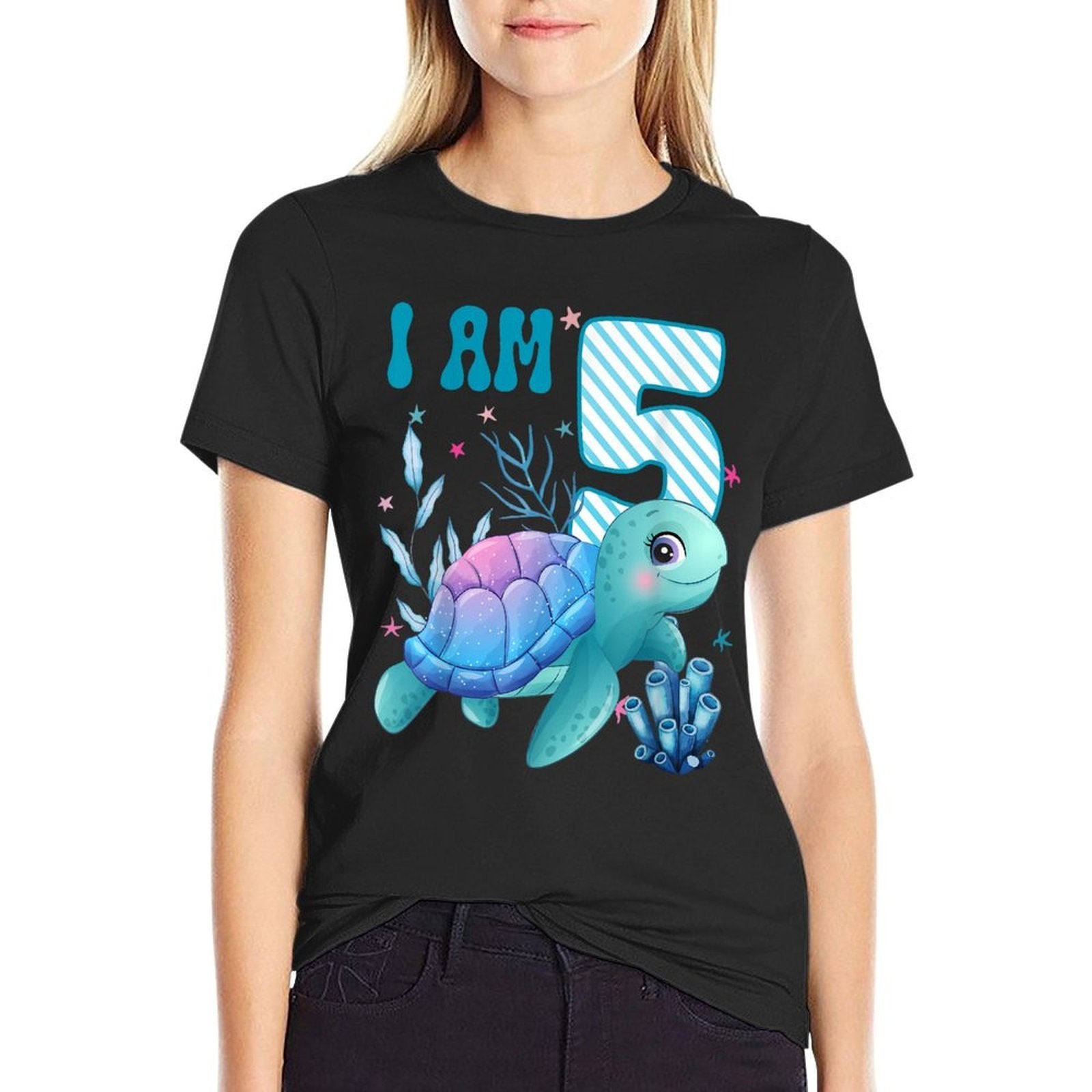 Kids I Am 5 Years Old 5th Birthday Sea Turtles Boys Girls  Stretchy T-Shirt