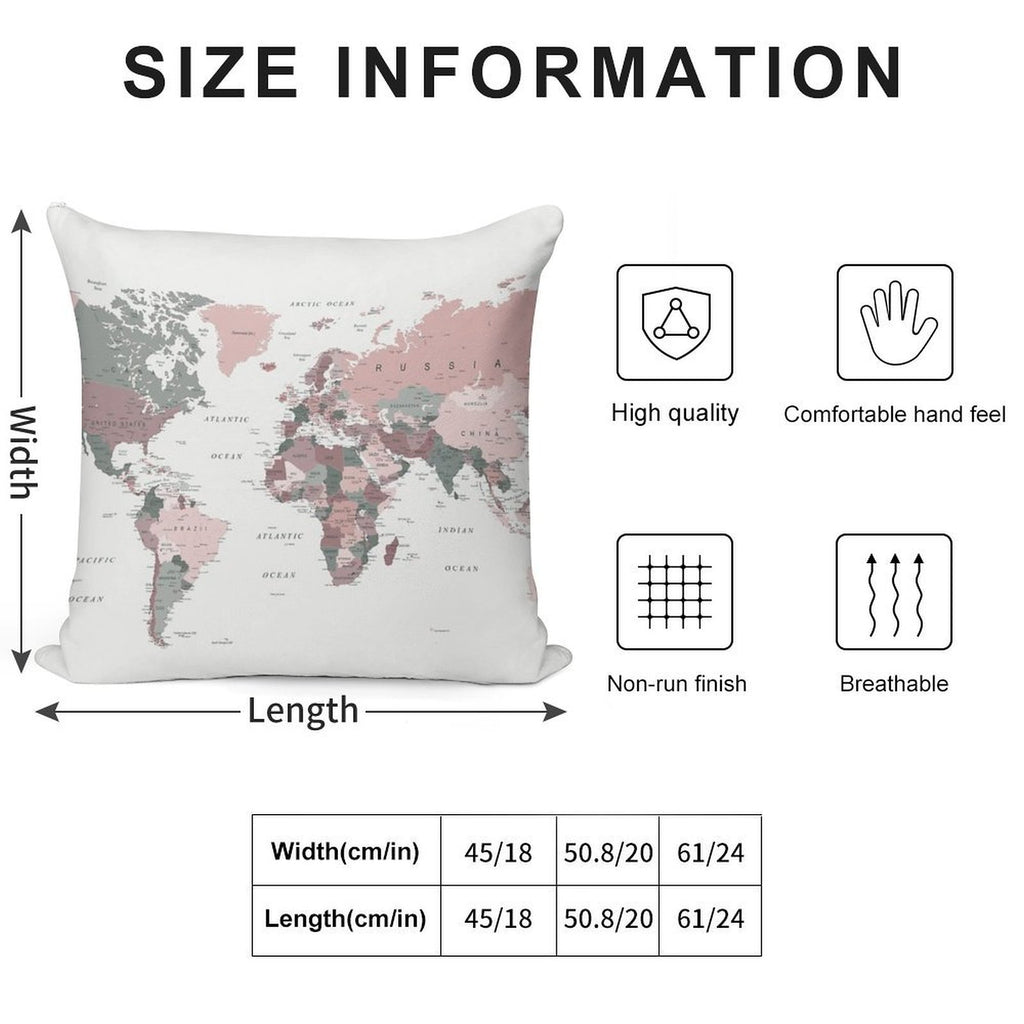 Map of The World in Pink And Green Soft Decorative Cover Throw Pillow