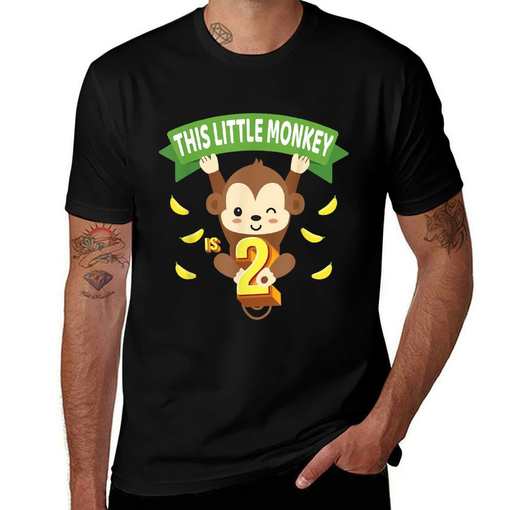 This Little Monkey Is 2 Years Old Kid 2nd Birthday Monkeys  Ribbed Collar T-Shirt