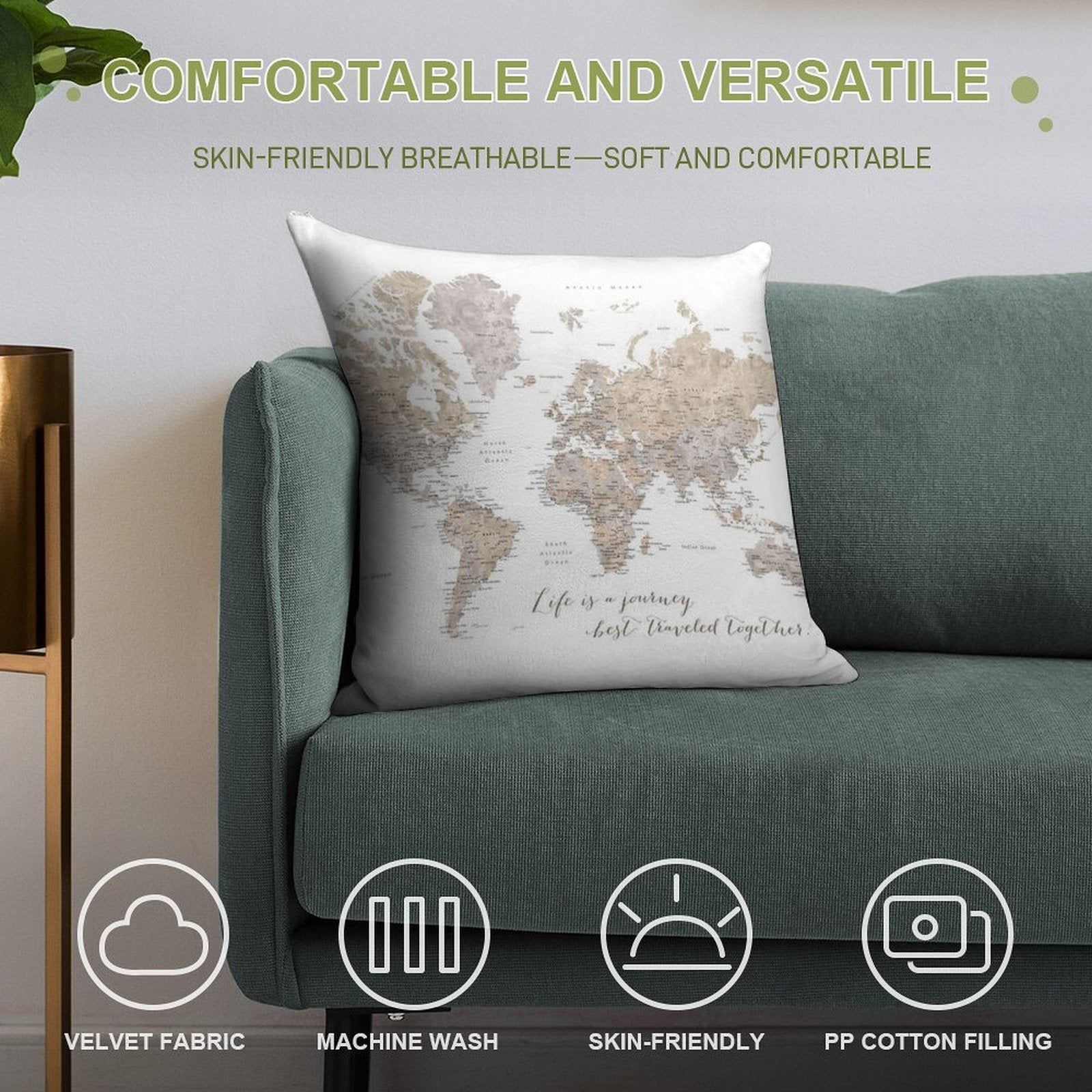 Life Is A Jouney Best Travelled Together, World Map, Abey Soft Easy Maintenance Throw Pillow