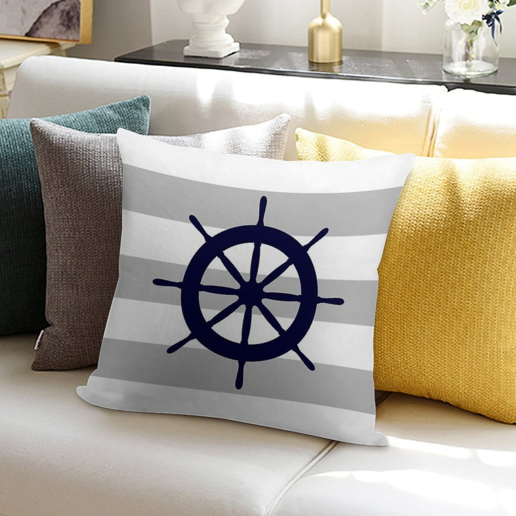 Nautical Navy Blue Ship's Steering Wheel On Silver Gray Stripes Soft Short Plush Fabric Throw Pillow
