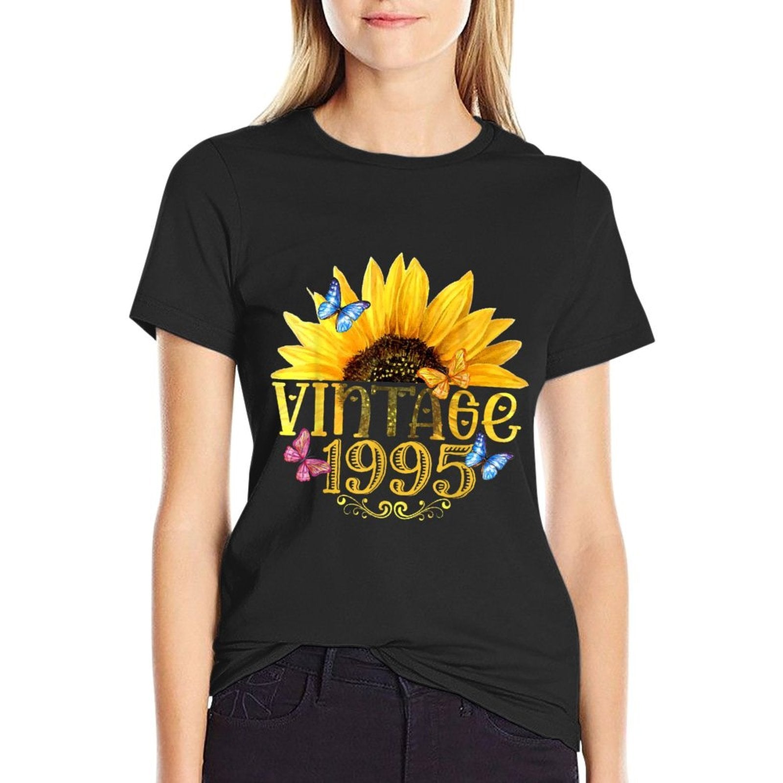 Vintage 1995 Sunflower Floral Butterfly Funny 30th Birthday  Polyester Blend T-Shirt