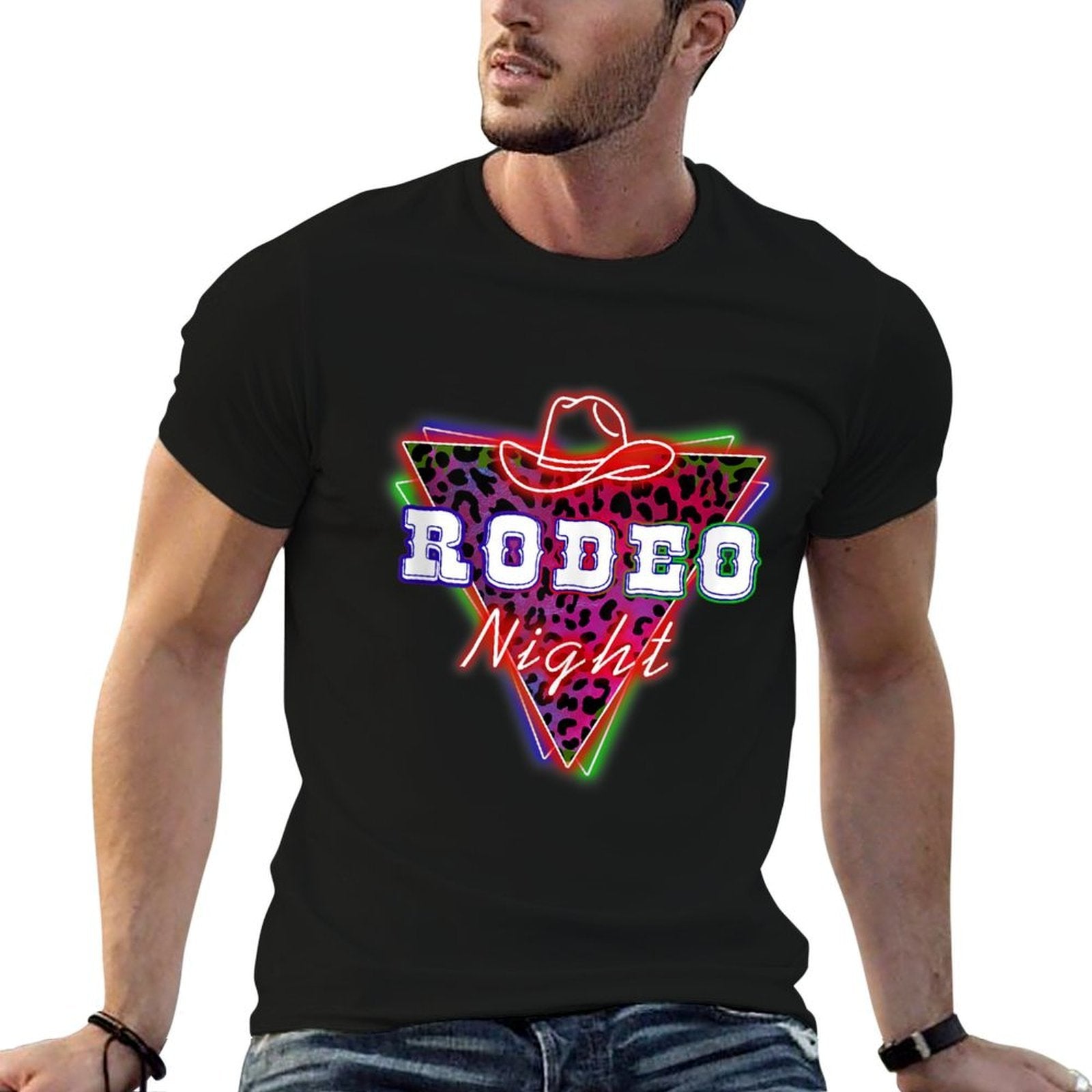 Rodeo Night Leopard Neon Cowboy Hat  Cotton T-Shirt