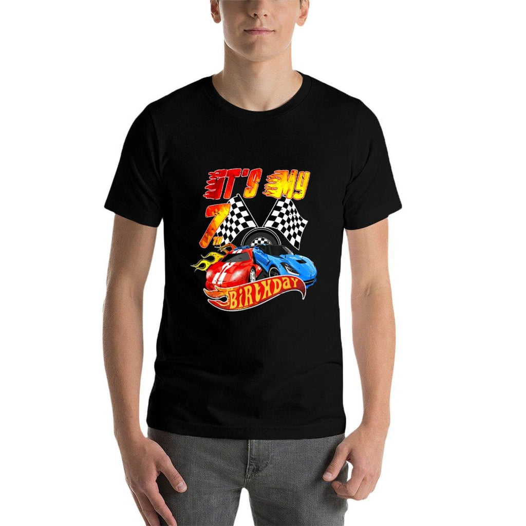 It's My 7th Birthday Kid 7 Year Old Race Car Birthday Racing  Ribbed Collar T-Shirt
