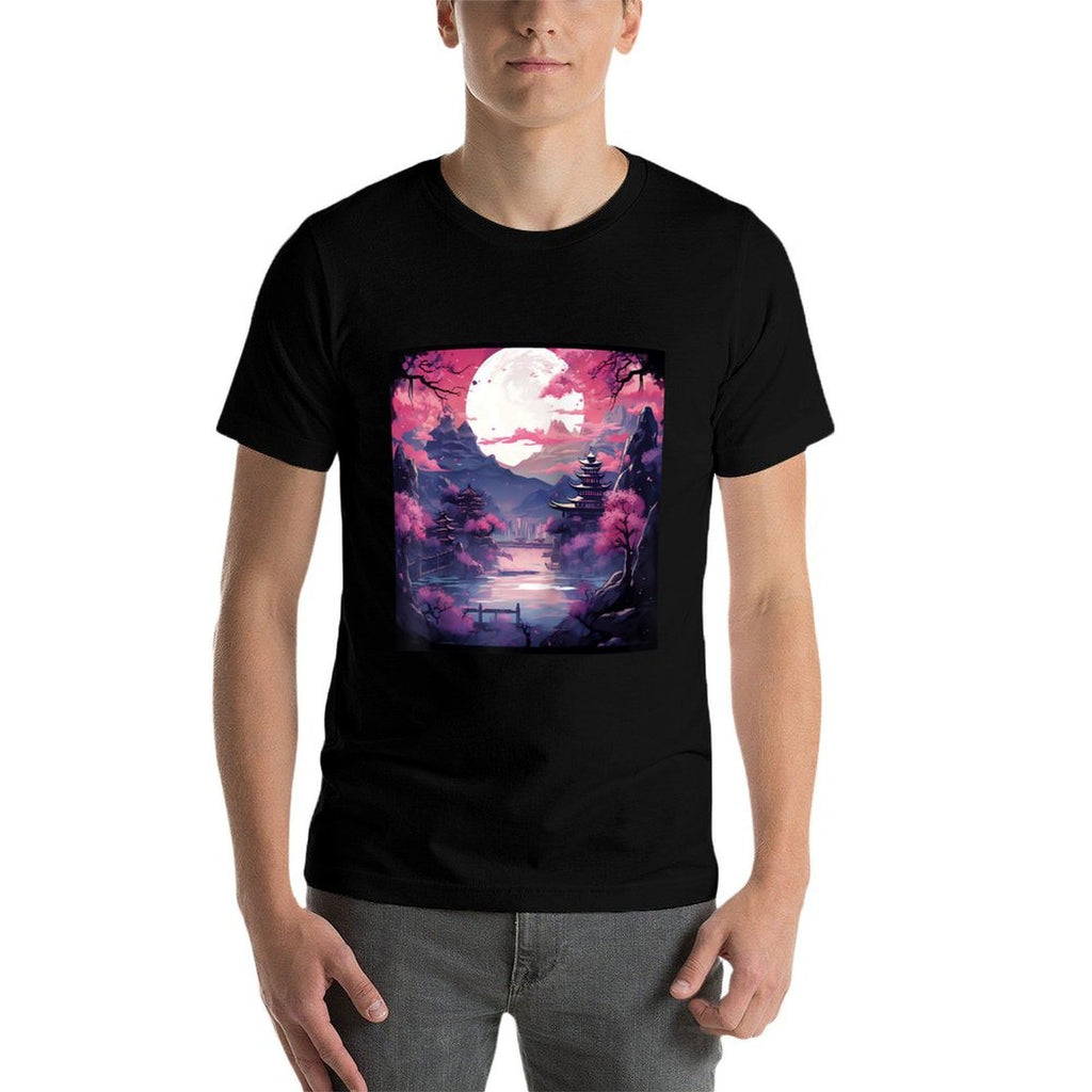 Eternal Twilight Japanese Castle & Sakura Anime Raglan Baseball  Easy-care T-Shirt