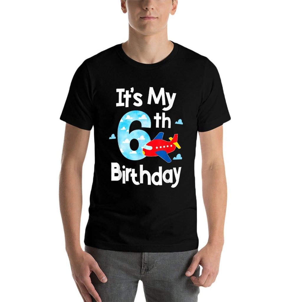 It's My 6th Birthday Airplane Pilot 6 Years Old Boy Girl  Ribbed Collar T-Shirt