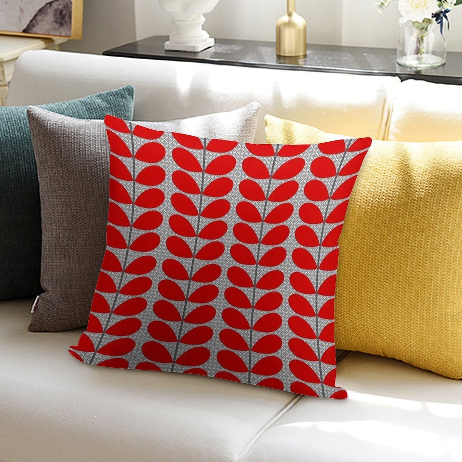 Mid-Century Danish Leaves, Deep Red And Gray Soft High-Density Material Throw Pillow