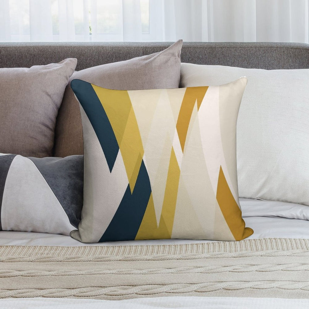 Triangular Abstract in Mustard Yellows, Navy Blue, And Blush Tones. Minimalist Geometric Soft Reinforced Edging Throw Pillow
