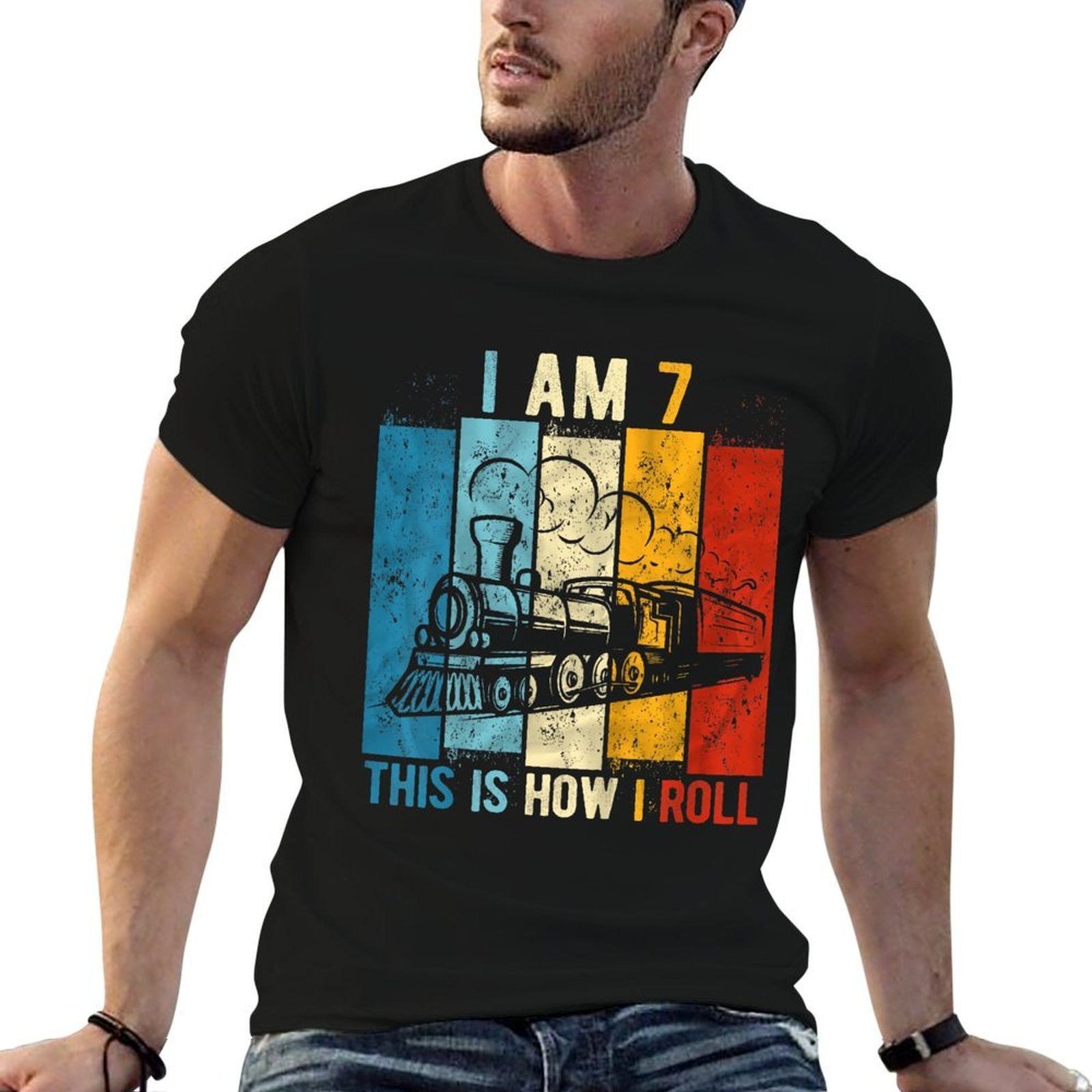Kids 7th Birthday Boy Train 7 Year Old Birthday  Moisture-wicking T-Shirt