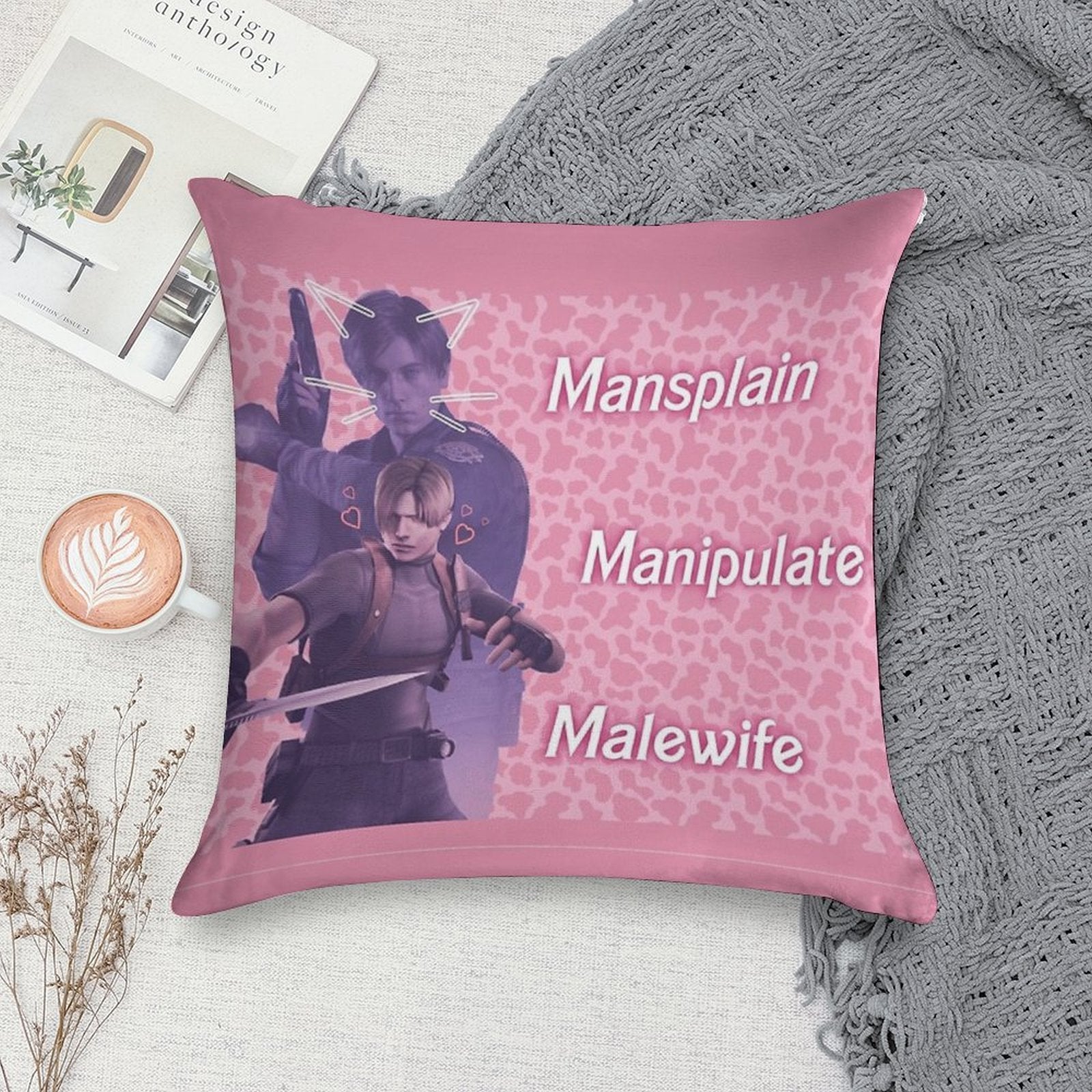 Mansplain, Manipulate, Malewife Leon (Cow) PINK VERSION Soft Style Accent Throw Pillow
