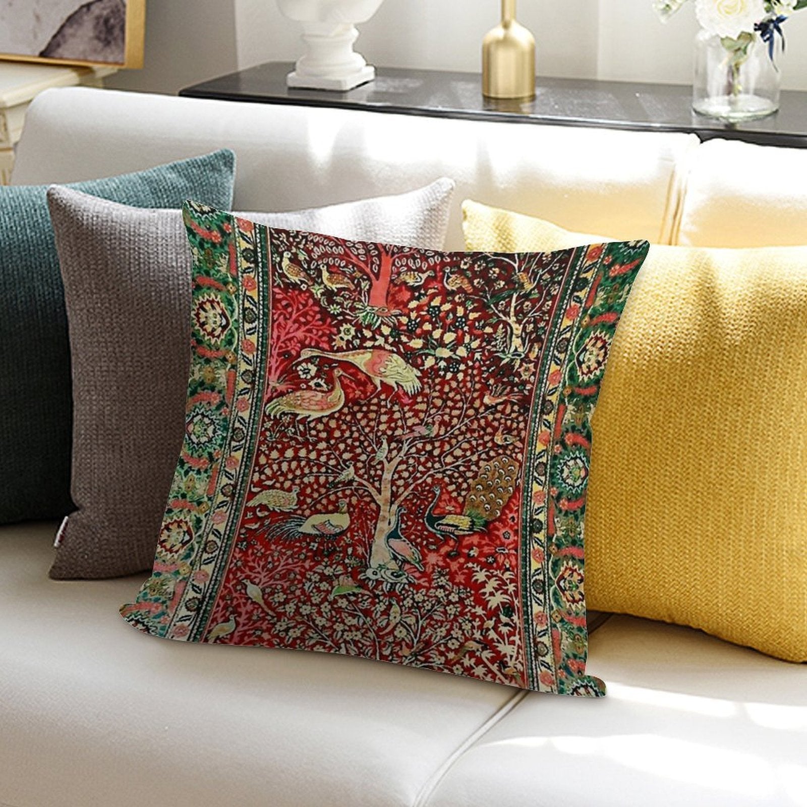 Antique Persian Rug Bird Tree Flowers Ca. 1600 Print Soft Hidden Zipper Throw Pillow