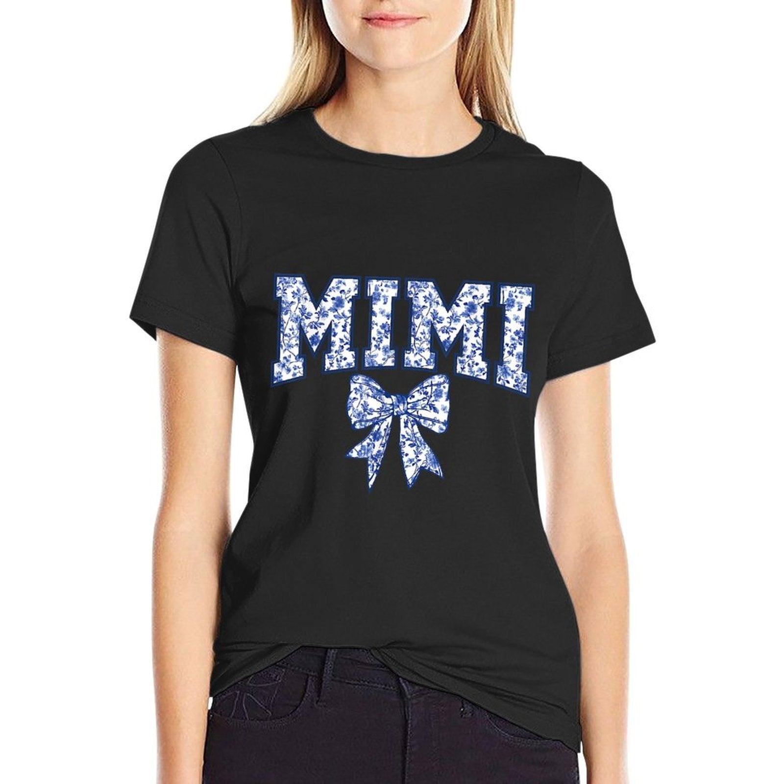 Mimi Coquette Toile Blue Bow Floral Mothers Day Family  Summer-ready Fabric T-Shirt