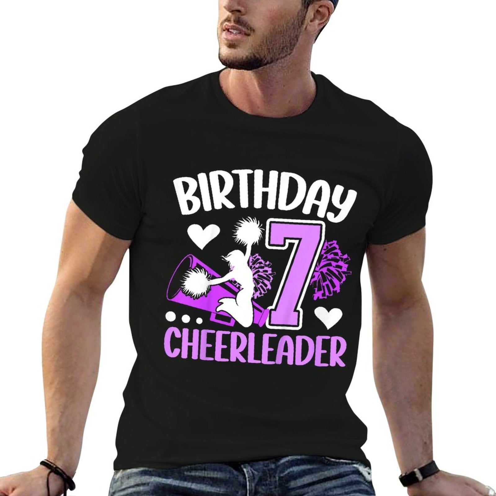 Kids 7th Cheer Birthday Party Seven Year Old Cheer Girl  Oversized Silhouette T-Shirt