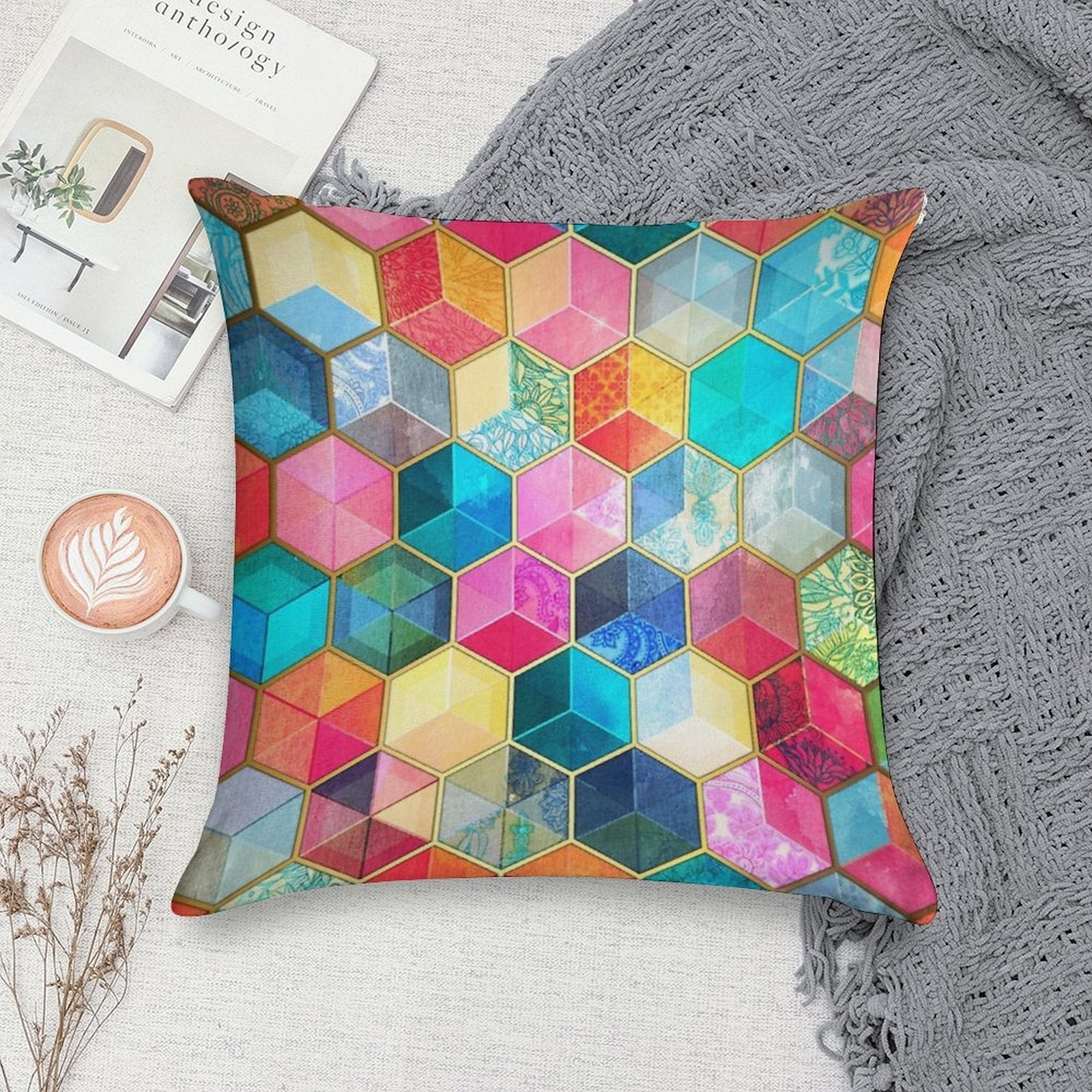 Crystal Bohemian Honeycomb Cubes - Colorful Hexagon Pattern Soft Anti-Pilling Throw Pillow