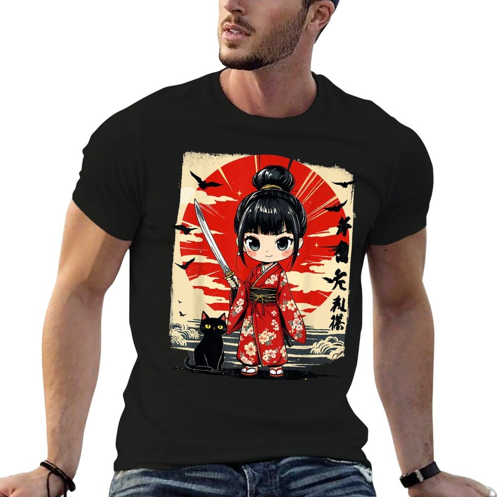 Cute Kawaii Samurai Girl And Cat Japanese Anime Kids Girls  Affordable Price T-Shirt