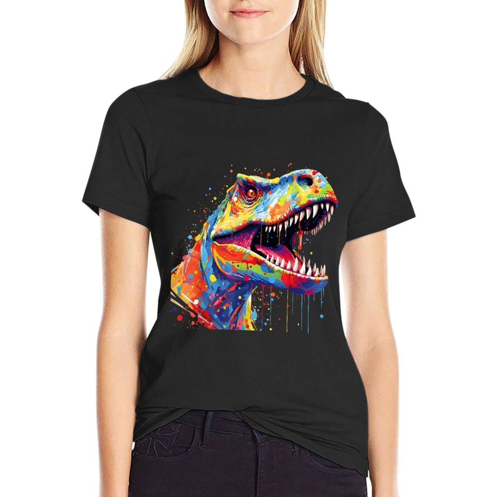 Colorful T Rex Dinosaur Paint Art Paint Splash Dots  Summer-ready Fabric T-Shirt