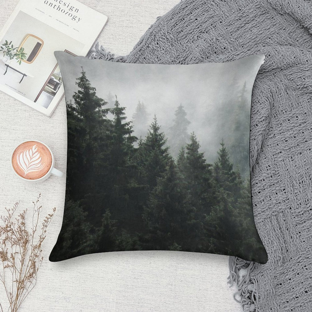 Waiting For  Misty Foggy Fairytale Forest With Cascadia Trees Covered In Magic Fog Soft Shrink-Resistant Throw Pillow