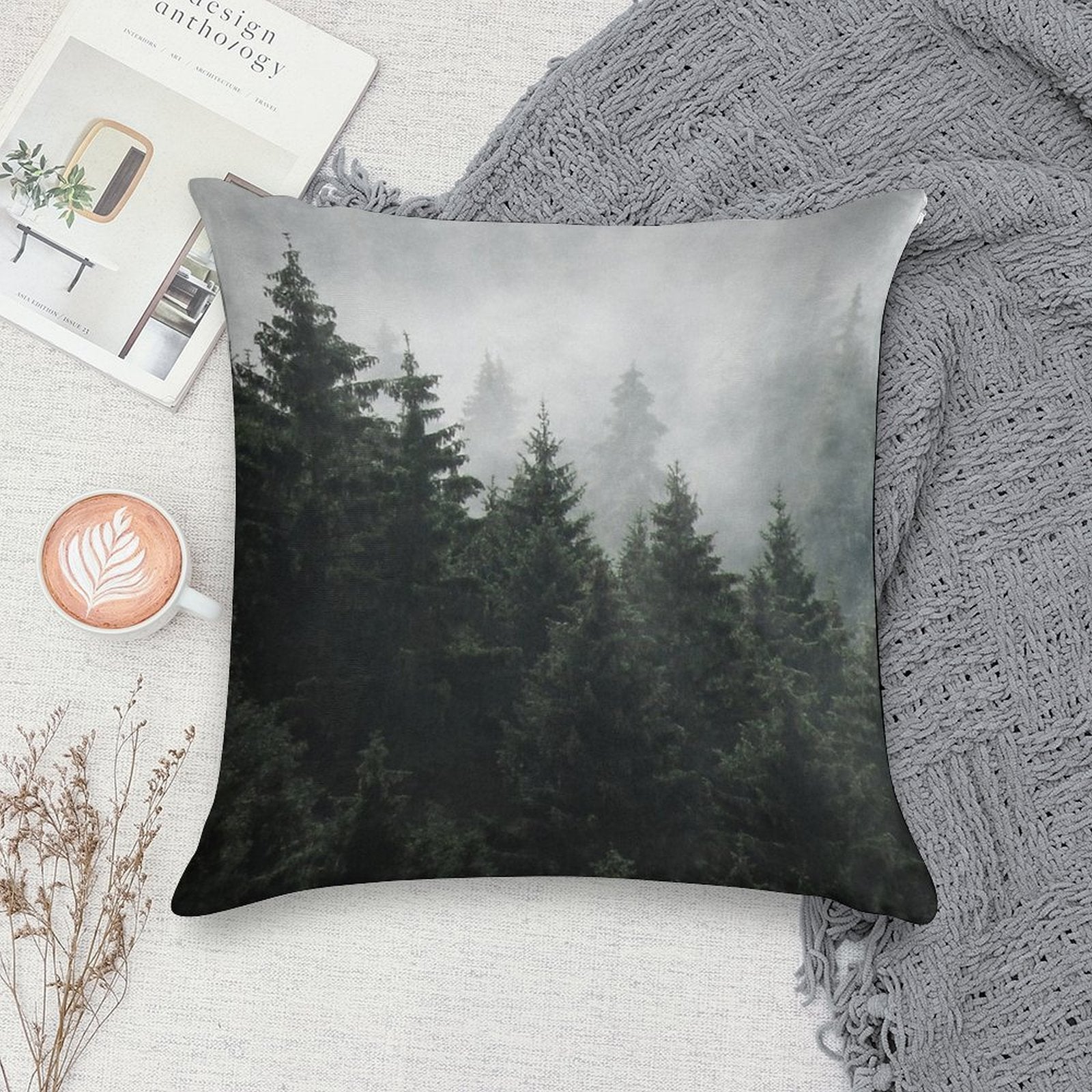Waiting For  Misty Foggy Fairytale Forest With Cascadia Trees Covered In Magic Fog Soft Shrink-Resistant Throw Pillow