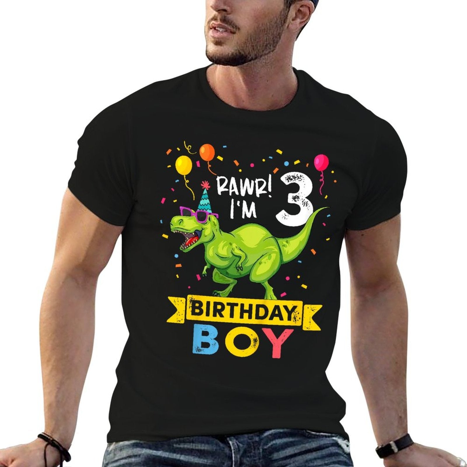 3 Year Old 3rd Birthday Boy T Rex Dinosaur  Ribbed Collar T-Shirt