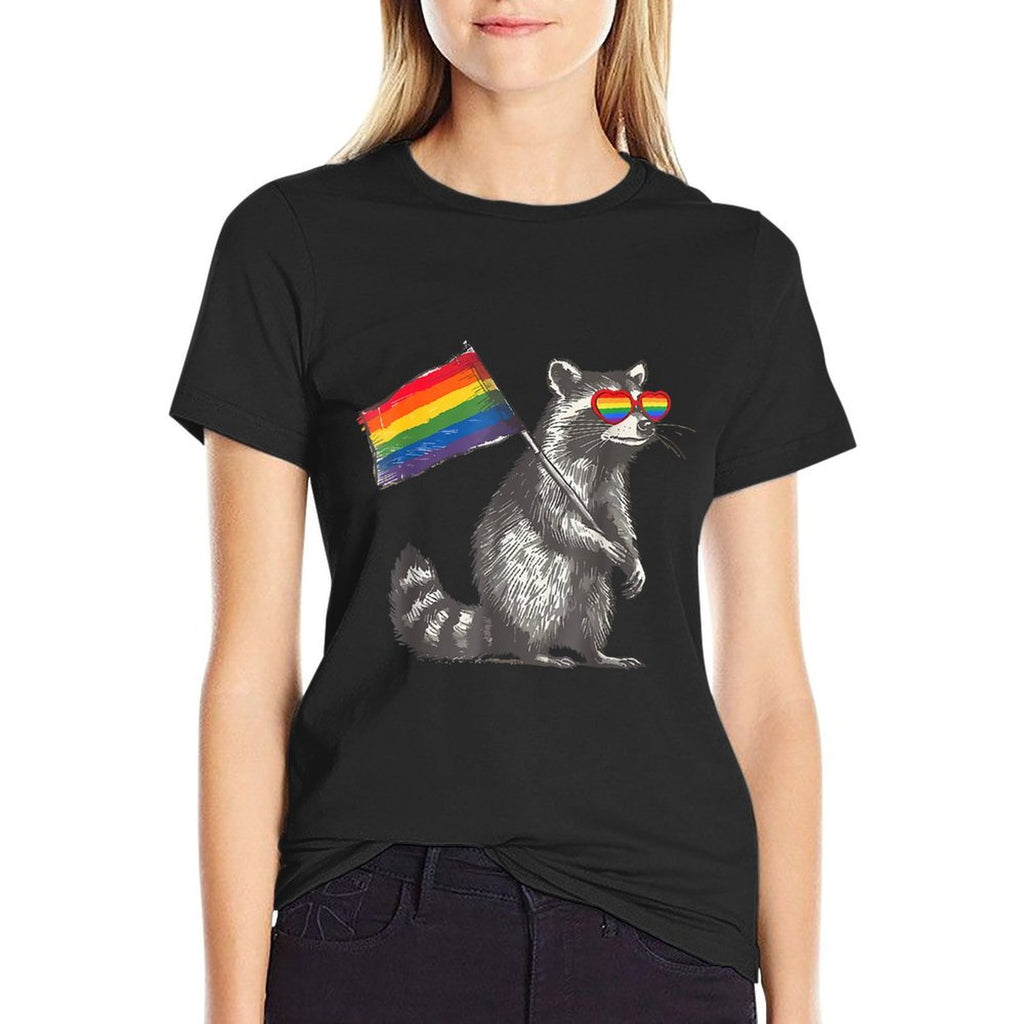 Raccoon LGBT Sunglasses Rainbow Gay Pride Month  Wrinkle-resistant T-Shirt