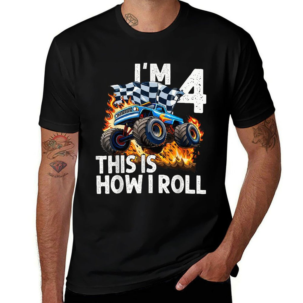 4th Birthday Boys I'm 4 This Is How I Roll Monster Truck Car  Heathered Texture T-Shirt