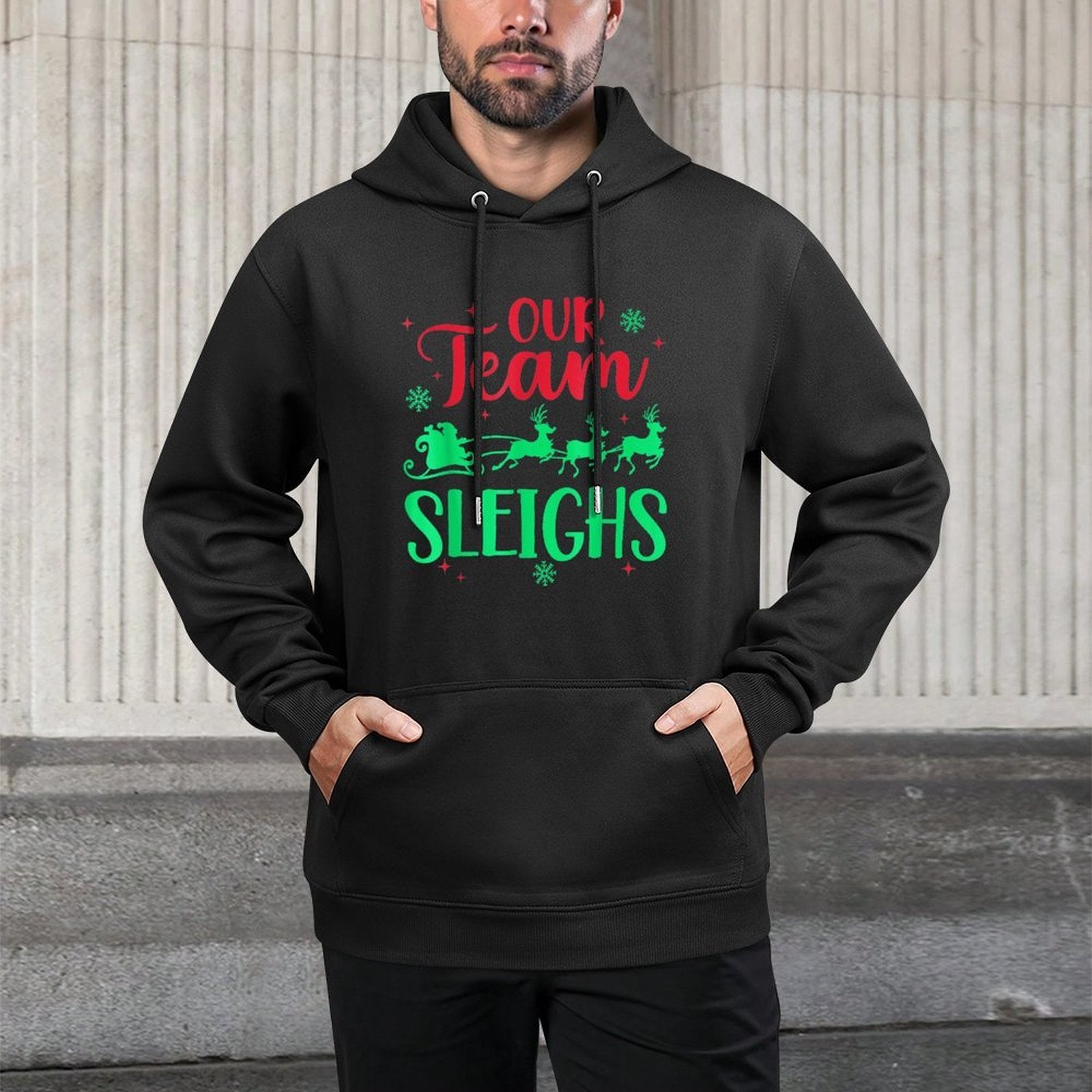 Our Team Sleighs Christmas Santa Reindeers Office Staff Medium-Weight Fabric Hoodie