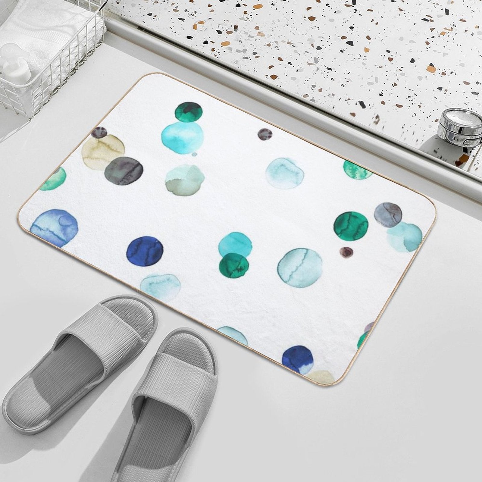 Watercolor Polka Dots - Geometric Dot Print - Blue  Dirt-Trapping Bath Mat