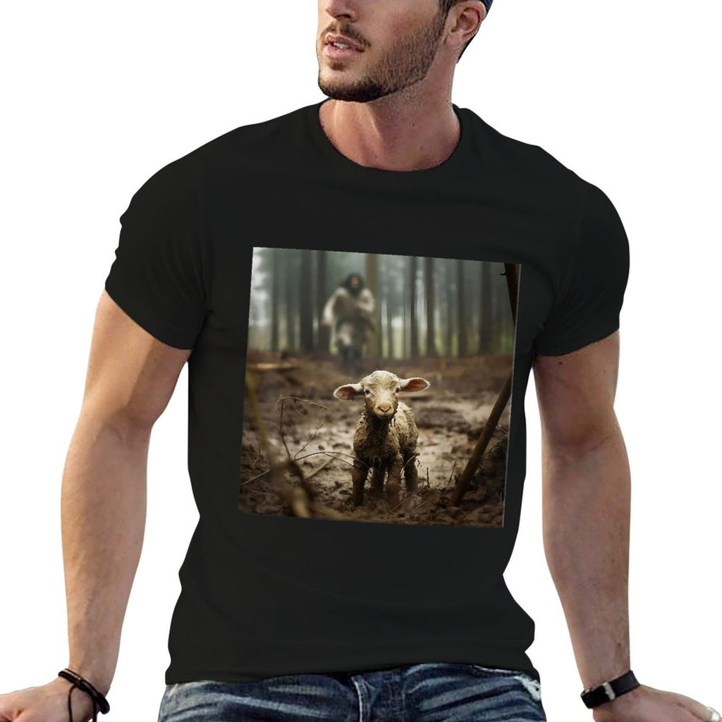 Jesus With The Sheep - Jesus Running After Lamb Art Religion  Cotton T-Shirt