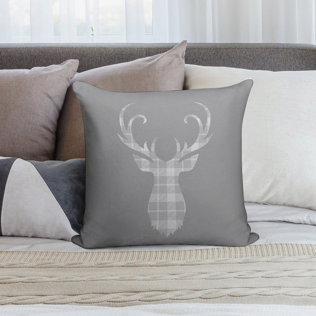 Grey Tartan Stag Head Soft Short Plush Fabric Throw Pillow