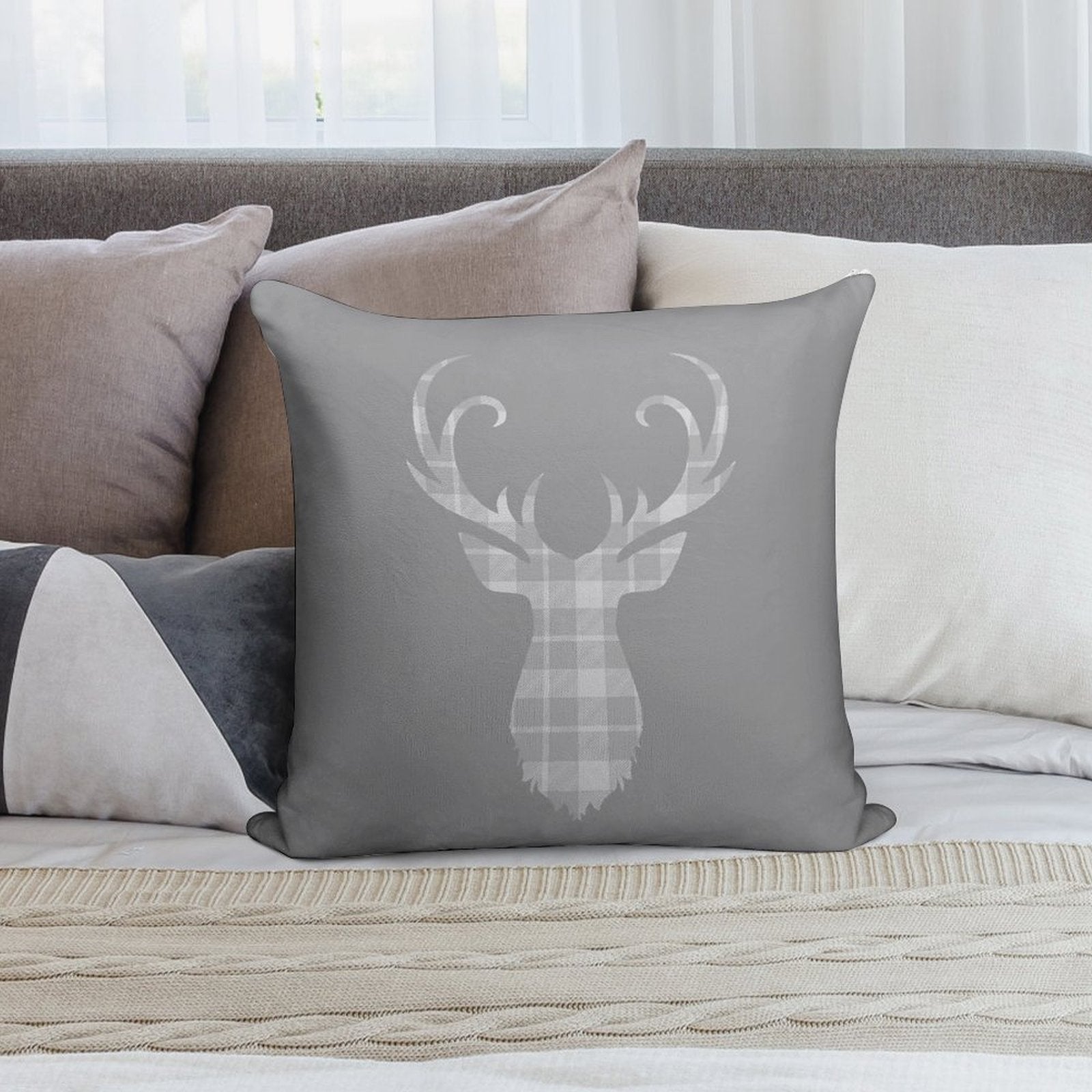 Grey Tartan Stag Head Soft Short Plush Fabric Throw Pillow