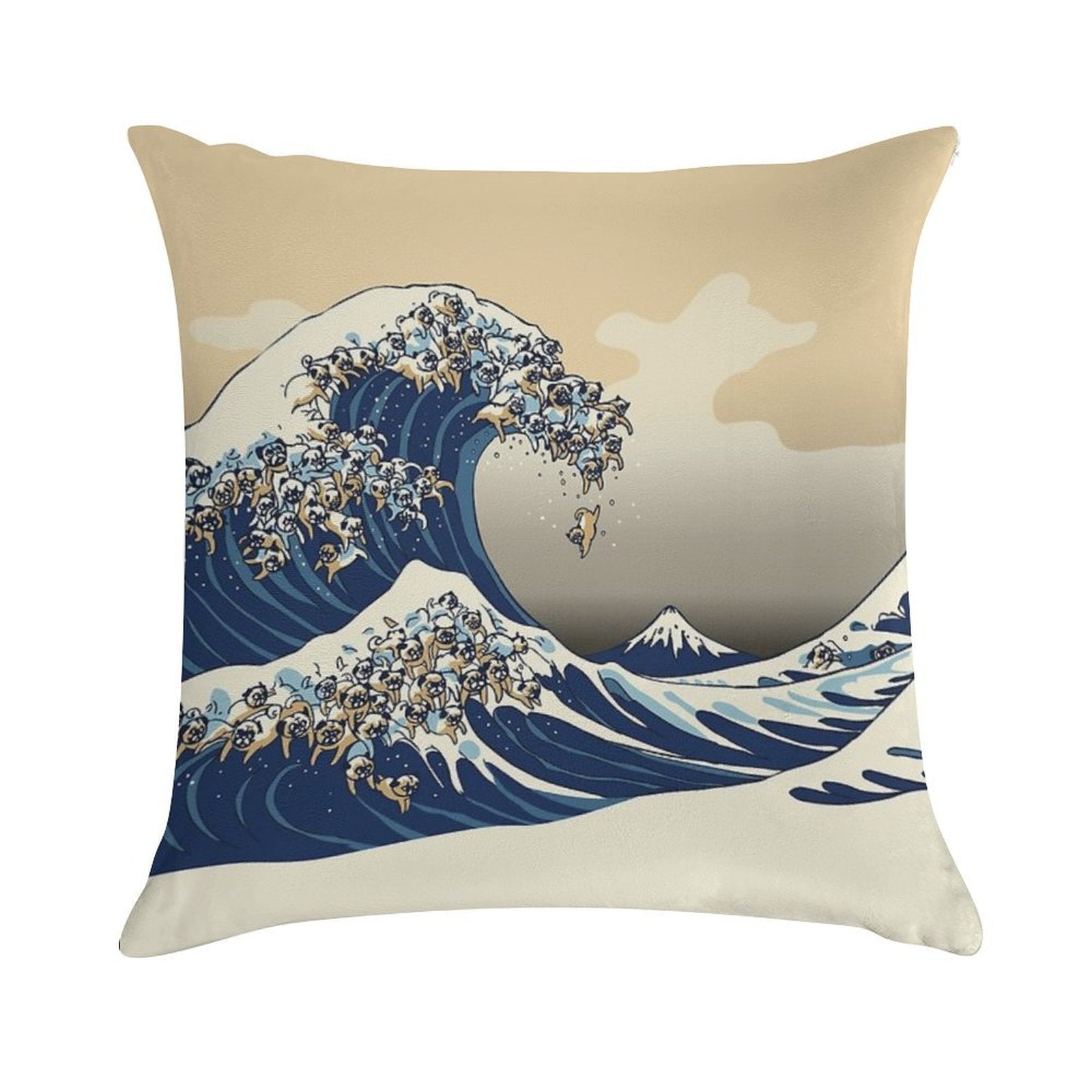 The Great Wave of Pugs Vanilla Sky Soft Skin-Friendly Throw Pillow