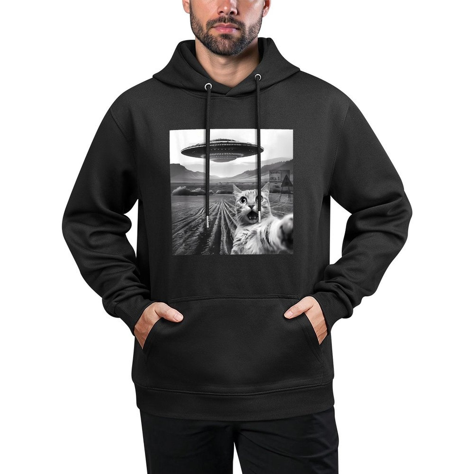 Funny Area 51 UFO Cat Selfie with Alien Cat UFOs Meme Weird Machine Washable Hoodie
