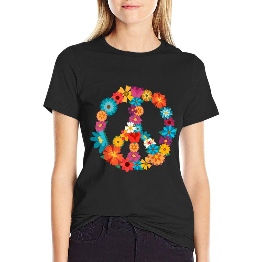 Peace Love  60s 70s Hippie Costume Colorful Flowers  Oversized Silhouette T-Shirt