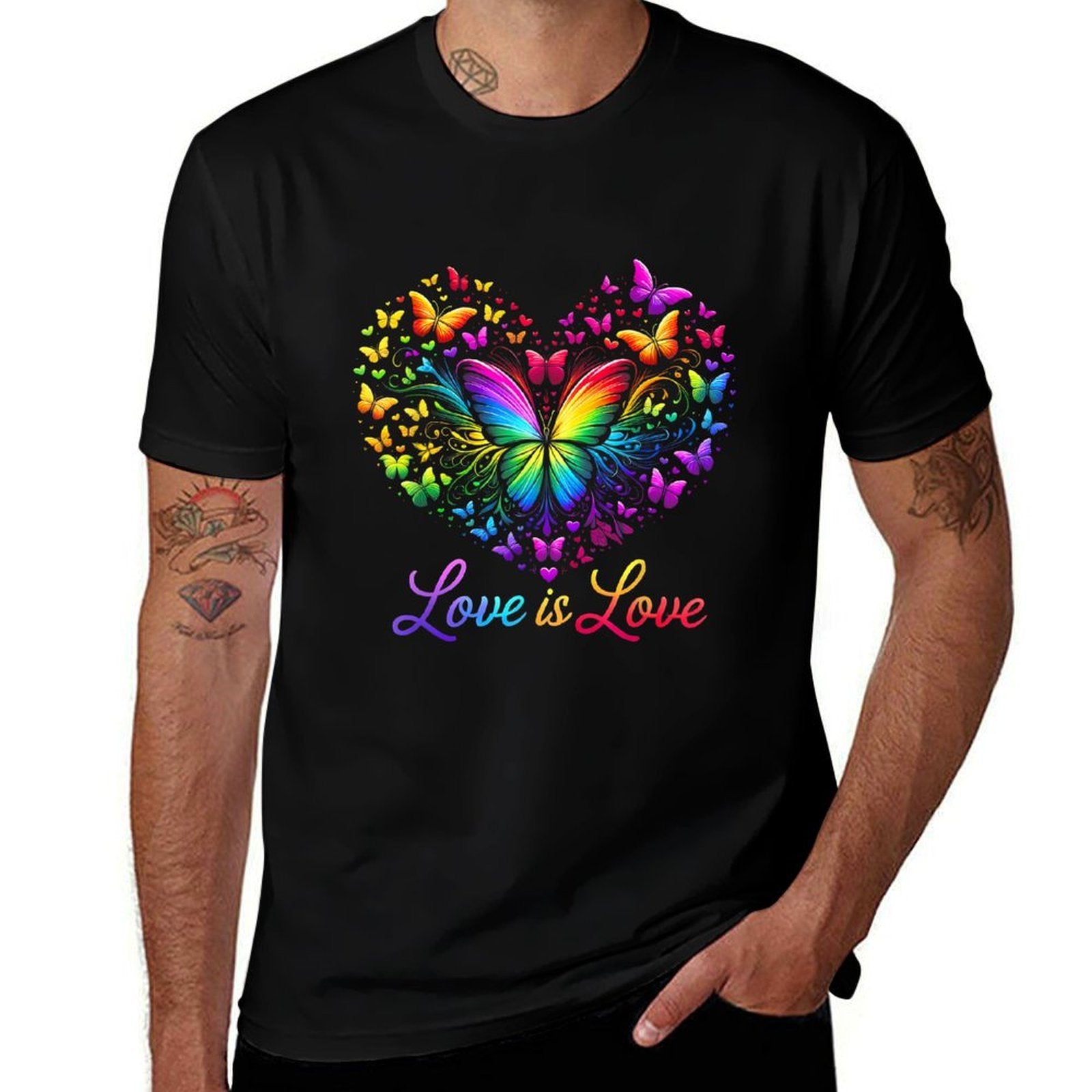 Butterfly Heart Rainbow Love Is Love LGBT Gay Lesbian Pride  Rolled Sleeves T-Shirt