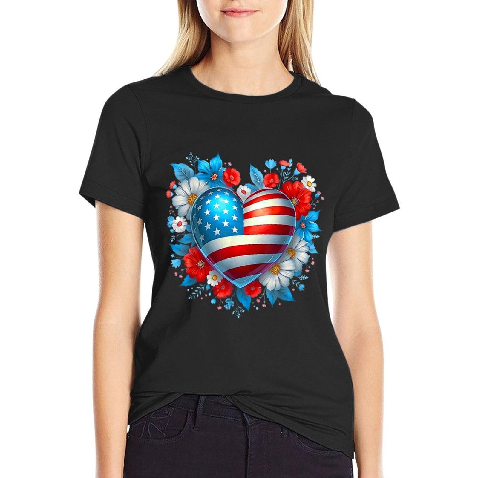 4th of July American for Girls Floral Print Heart  High-quality Stitching T-Shirt