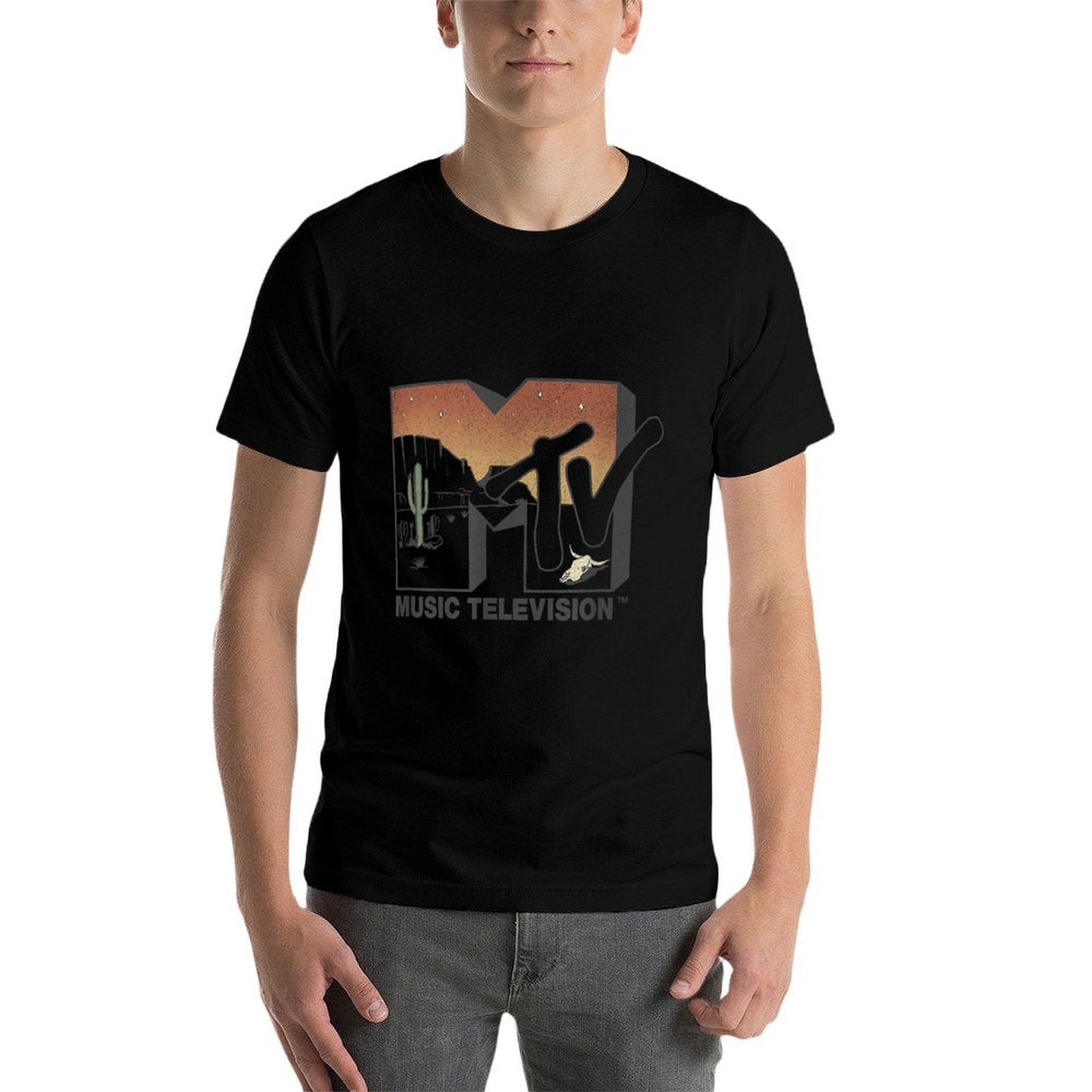 MTV Music Television Retro 80s Cactus Desert Sunset Logo  Fade-proof Color T-Shirt
