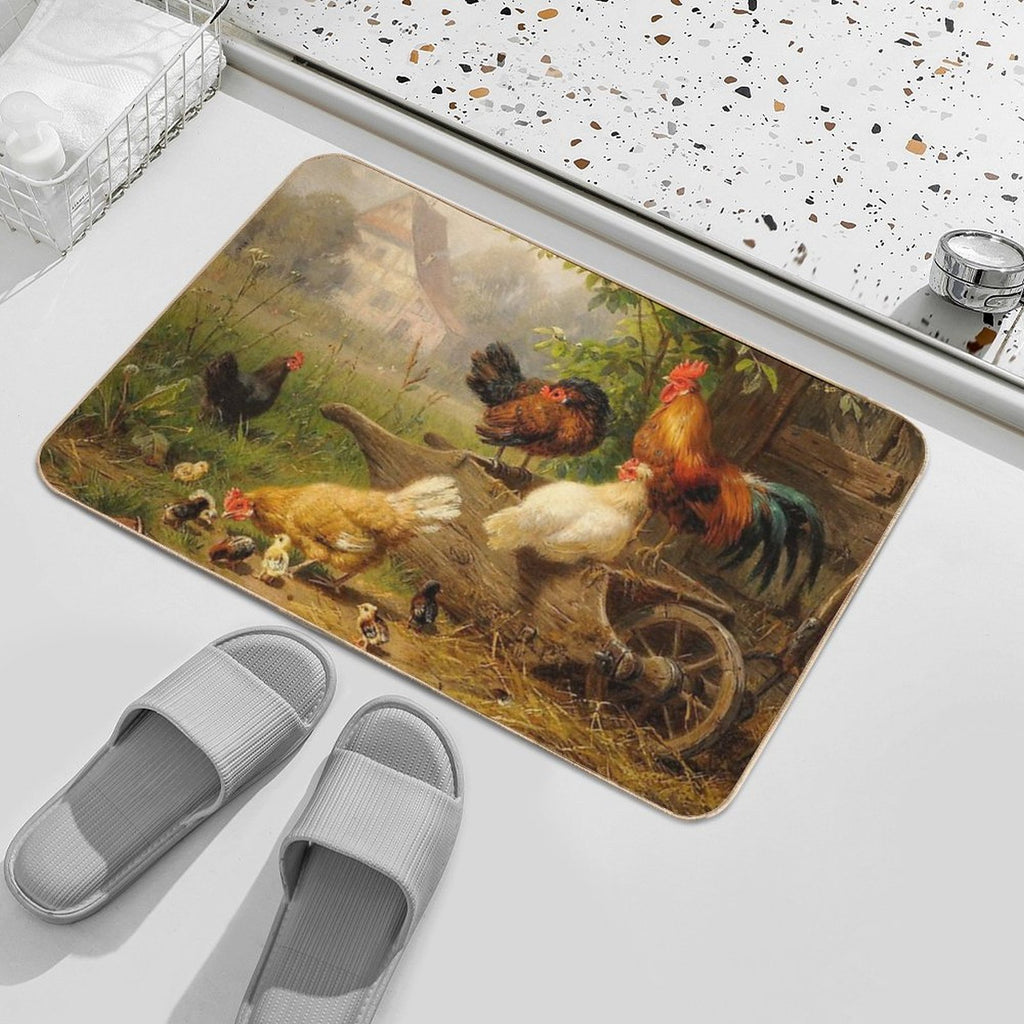 A Watchful Eye ,Rooster,Hens And Chickens With Wheelbarrow in Countryside  Pet-Safe Bath Mat