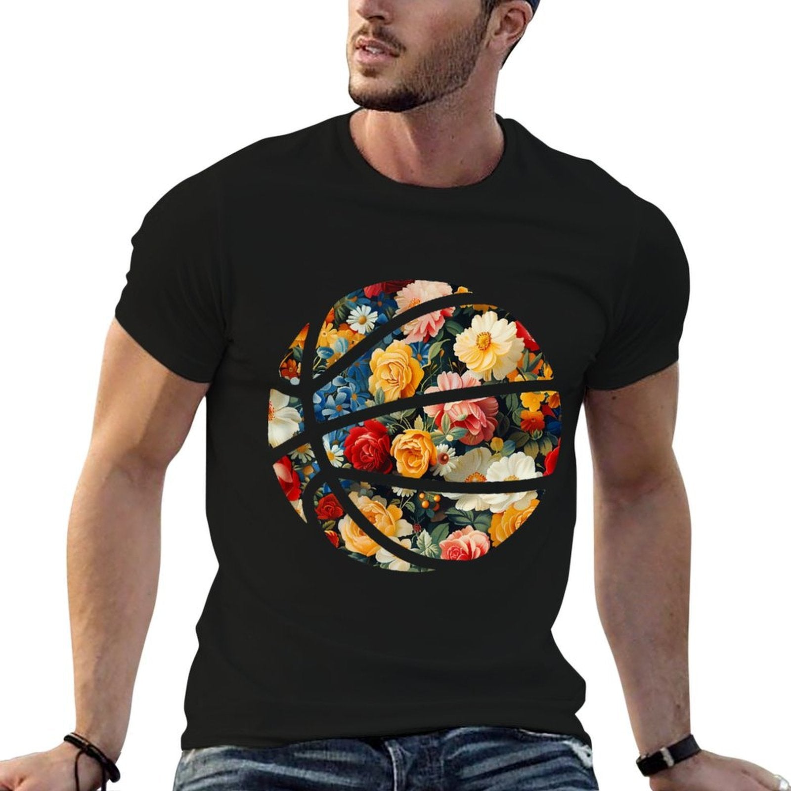 Basketball Silhouette Flowers Botanical Floral  Oversized Silhouette T-Shirt