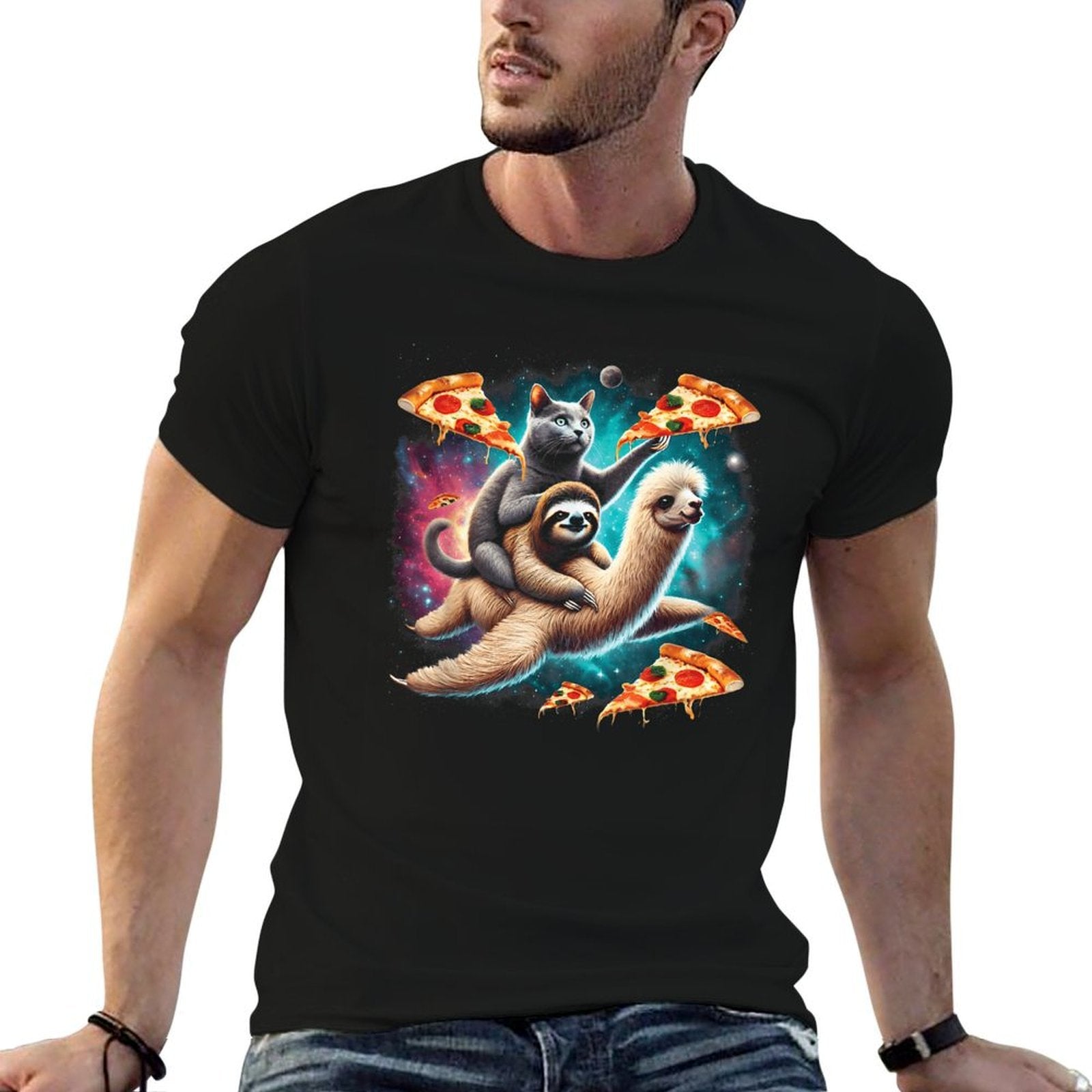 Space Cat Riding Sloth Llama Pizza Floating In Space  Wrinkle-resistant T-Shirt