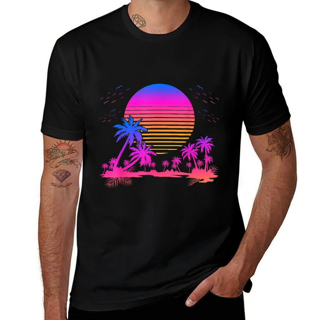 Sunset Palm Trees Retro 80s Aesthetic 90s Art Vaporwave  Summer-ready Fabric T-Shirt