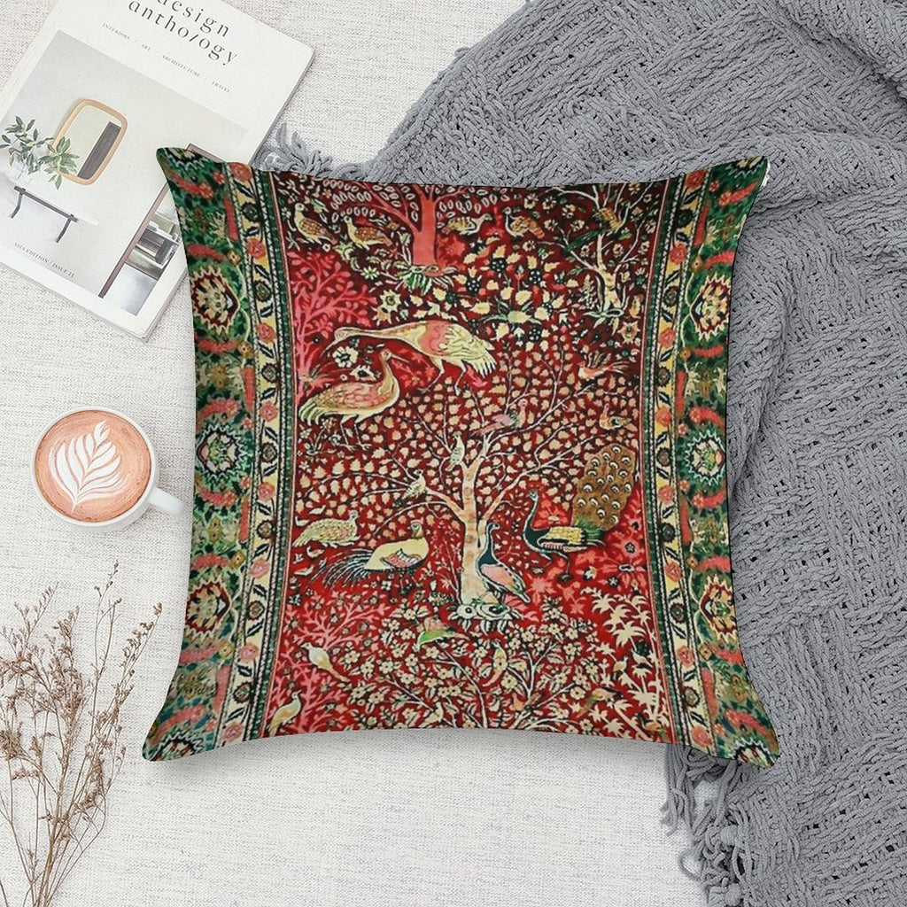 Antique Persian Rug Bird Tree Flowers Ca. 1600 Print Soft Hidden Zipper Throw Pillow