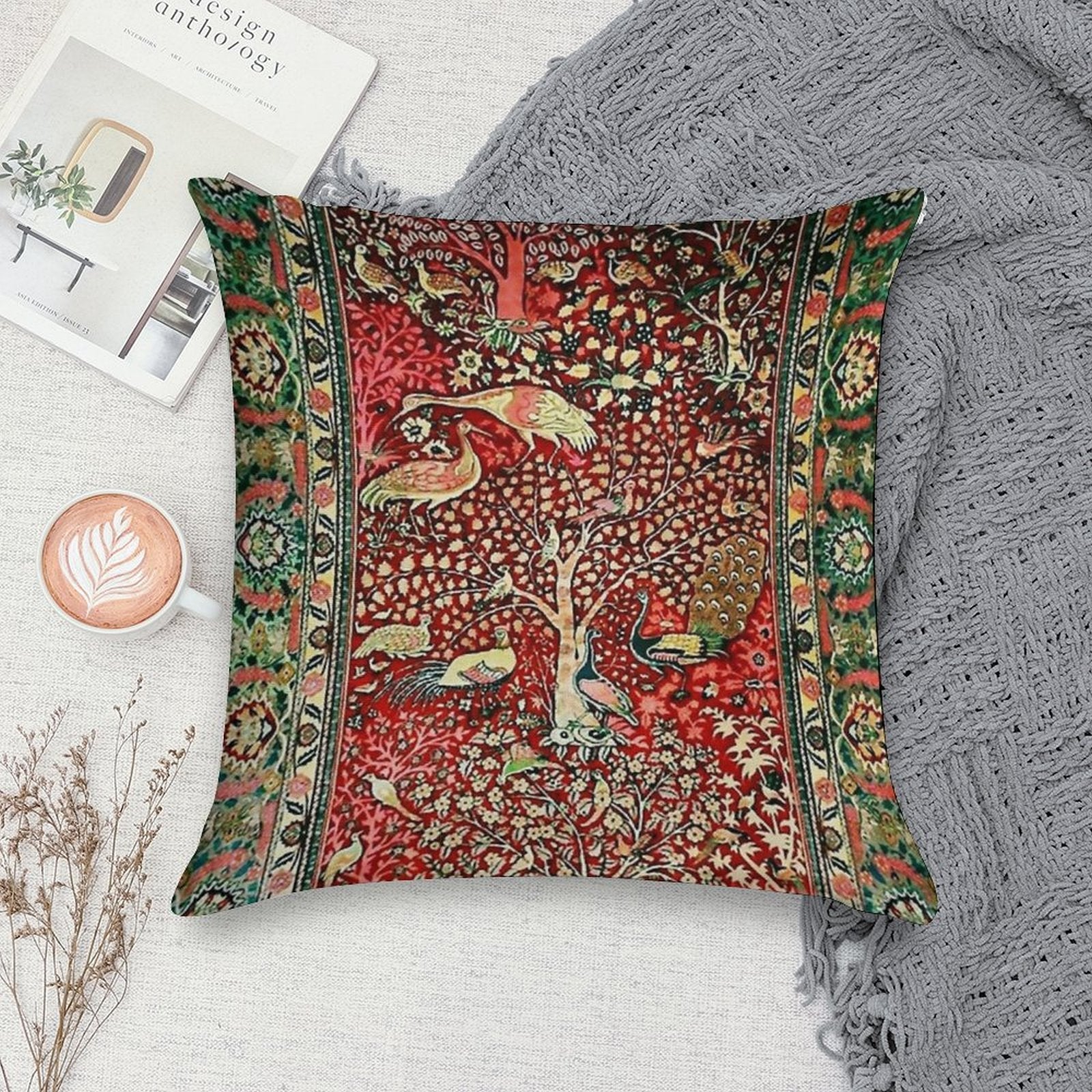 Antique Persian Rug Bird Tree Flowers Ca. 1600 Print Soft Hidden Zipper Throw Pillow